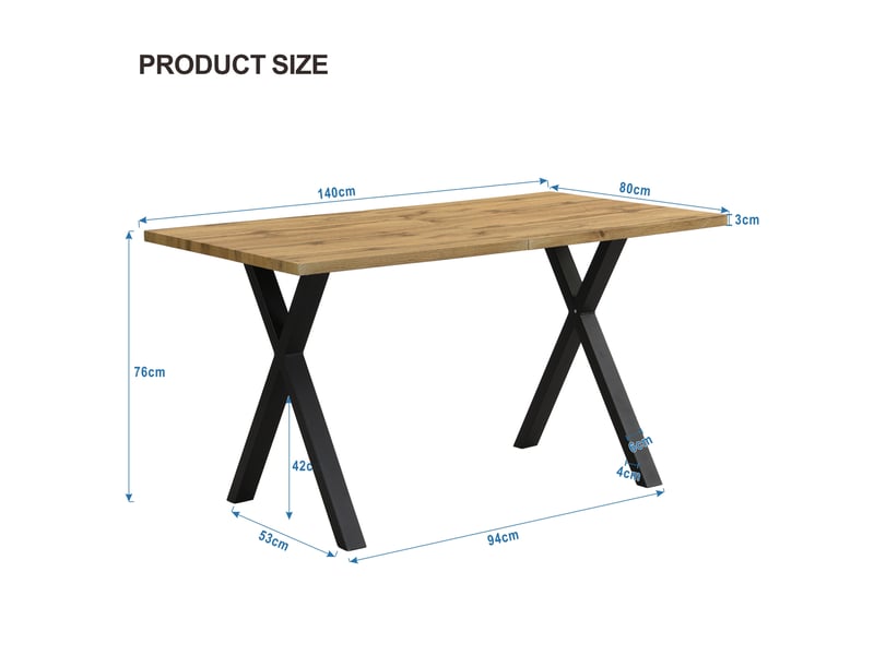  Table à manger 140x80x76 cm, style industriel, pieds croisés, structure métal, plateau mdf, couleur bois et noir  - Conforama C