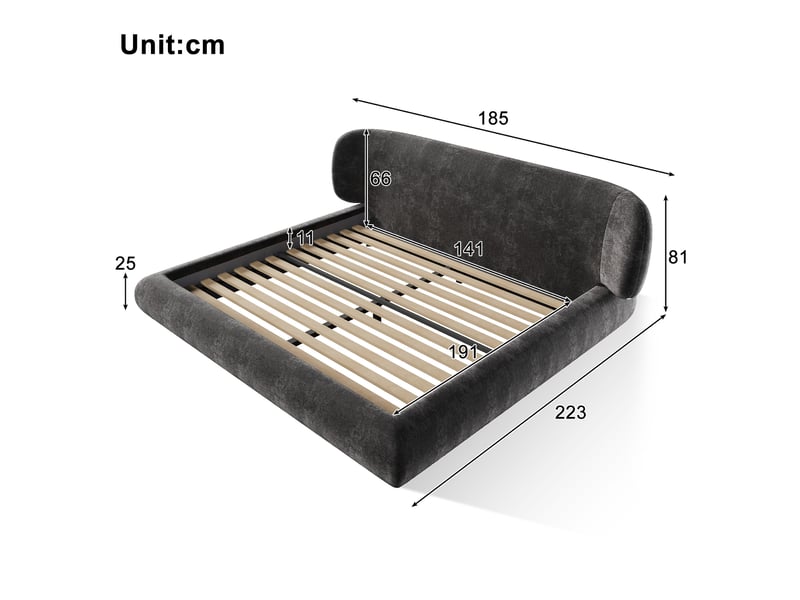  Lit rembourré 140 × 190 cm 2 places avec tête de lit et bords arrondis, sans matelas, en chenille grise  - Conforama D