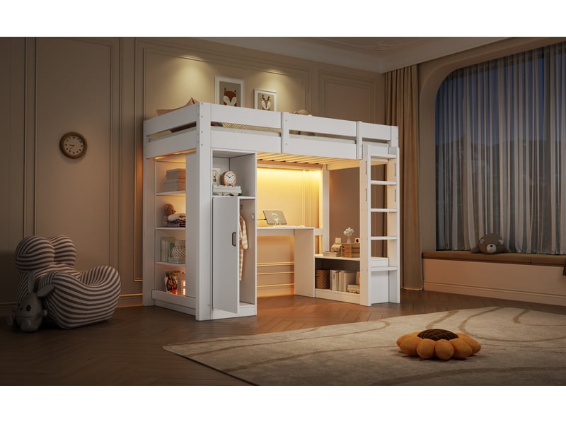  Lit mezzanine enfant 90 × 200 cm, armoire, bureau et led, blanc  - Conforama B