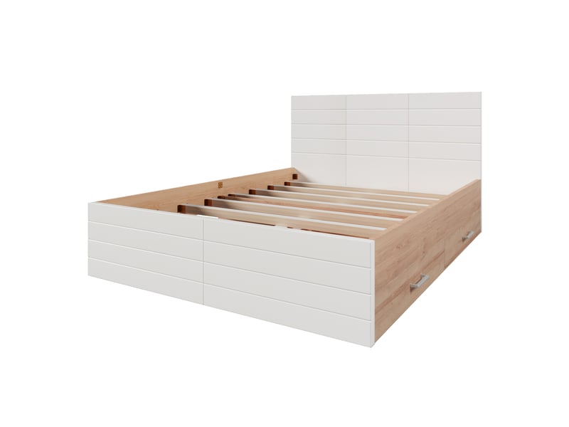  Cadre de lit, lit double 160x200 cm, 2 tiroirs, sommier à lattes, bois massif chêne blanc et clair, matelas inclus  - Conforama B