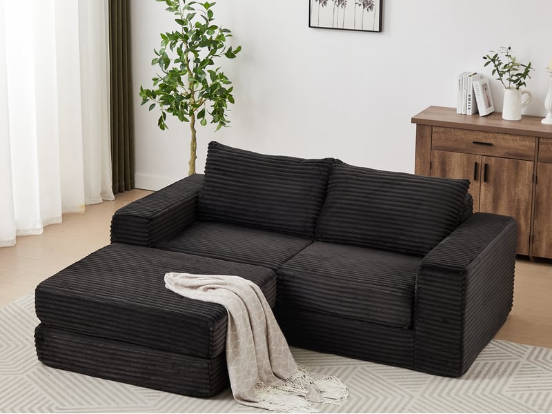  Canapé d’angle convertible 2 places en velours côtelé, méridienne réversible, 194 × 169,5 × 74 cm, noir  - Conforama B