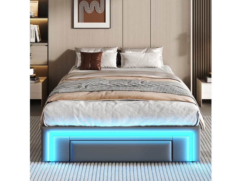  Modenvie lit avec tiroirs 90x200 cm - éclairage led, rangement intégré - sans tête de lit - gris  - Conforama D