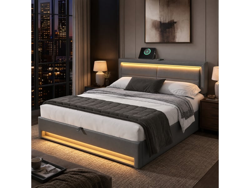  Lit rembourré 140 x 190 cm gris en pu-lychee avec led, usb et rangement, sans matelas  - Conforama C