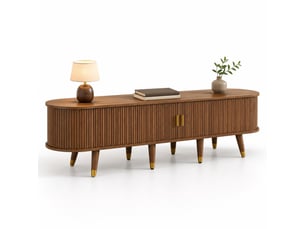 Meuble tv avec porte coulissante en rotin, tiroirs et niches pour salon en mdf 175×38×45 cm noyer