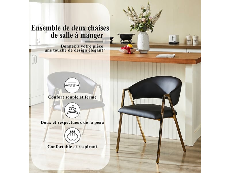  Lot de 2 chaises de salle à manger, chaises en similicuir noir avec pieds dorés, style contemporain pour salon et salle à manger.  - Conforama W
