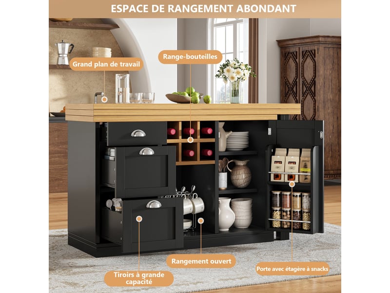 Îlot de cuisine extensible noir,avec 3 tiroirs et table à manger,rotation 360°, casier à vin, pliable, solide,mdf et métal,120x40x74cm - Conforama C
