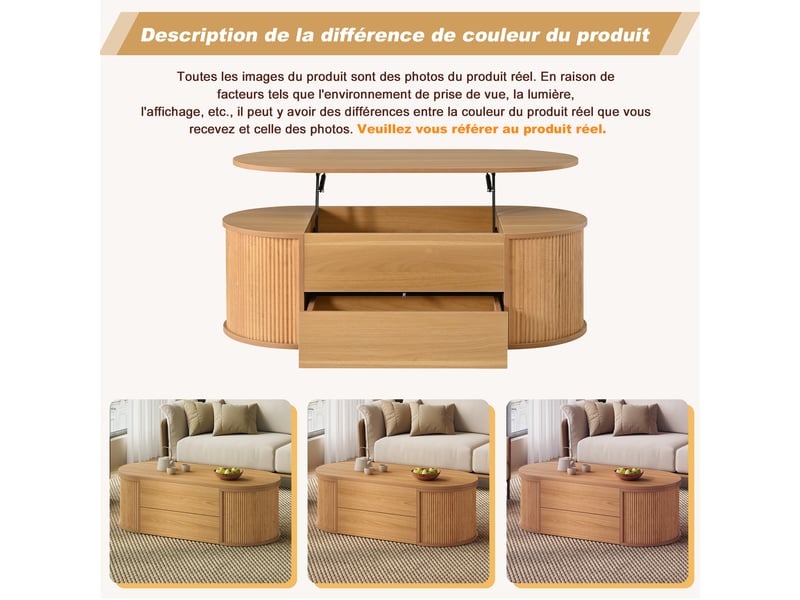  Table basse relevable ovale 100x50cm bois clair avec tiroir et rangement caché  - Conforama R