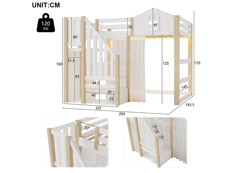 Lit mezzanine blanc et naturel 140 × 200 cm, led, échelle avec rangement et fenêtre - Conforama C