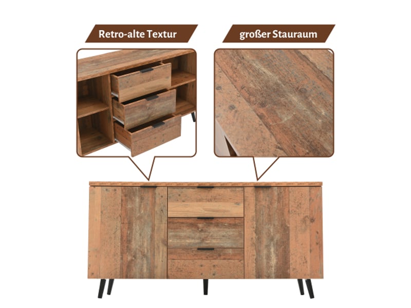  Buffet meuble tv vintage marron 140cm, étagères réglables, 3 tiroirs, armoire verticale, commode de rangement polyvalent  - Conforama E