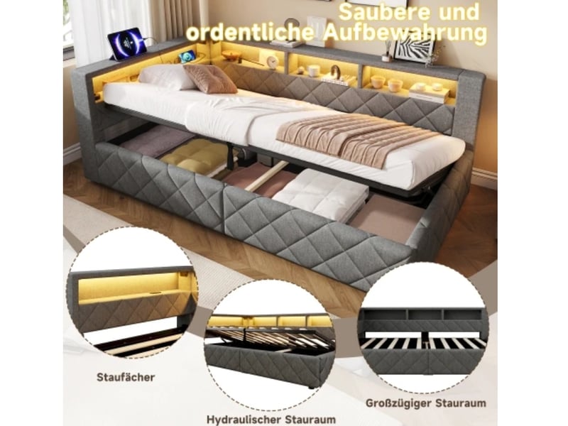 Canapé-lit, 90 x 200 cm, rangement hydraulique, avec bandeau led, avec port usb, sans matelas, lin - Conforama E