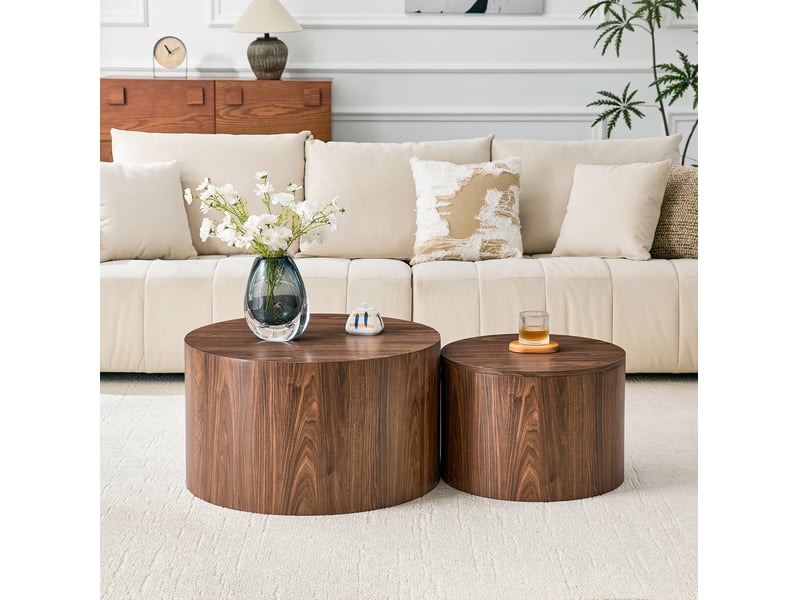  Tables basses gigognes 2 pièces ø 62.8 cm h 35 cm et ø 44 cm h 26 cm avec rangement en mdf coloris noyer  - Conforama D