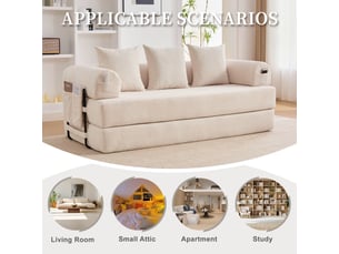 Canapé modulable velours côtelé beige, cadre en métal robuste, avec 3 coussins et poches latérales pour salon