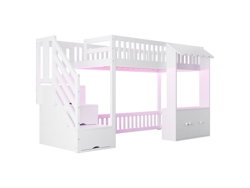  Lit mezzanine blanc 90x200 cm avec armoire intégrée, escalier avec rangements, led multicolore - sans matelas  - Conforama A
