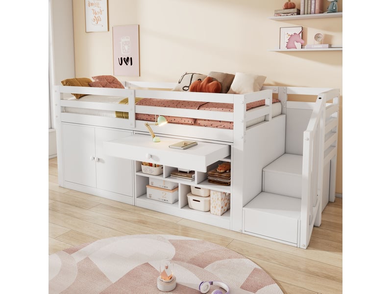 Lit enfant avec escalier, rangements et bureau escamotable, 90x200 cm, blanc - Conforama C