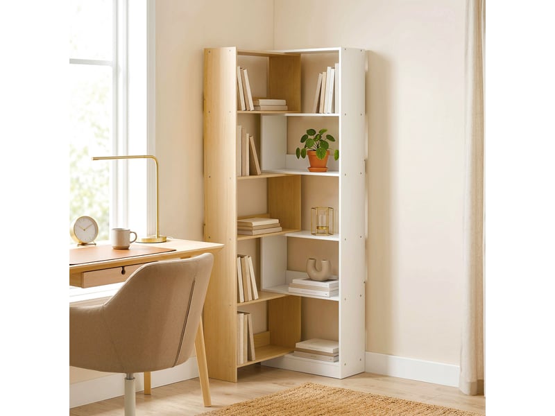  Bibliothèque d'angle rotative 350° à 5 niveaux, étagère de rangement extensible en forme l, 60-111x24x164cm, chêne  - Conforama D