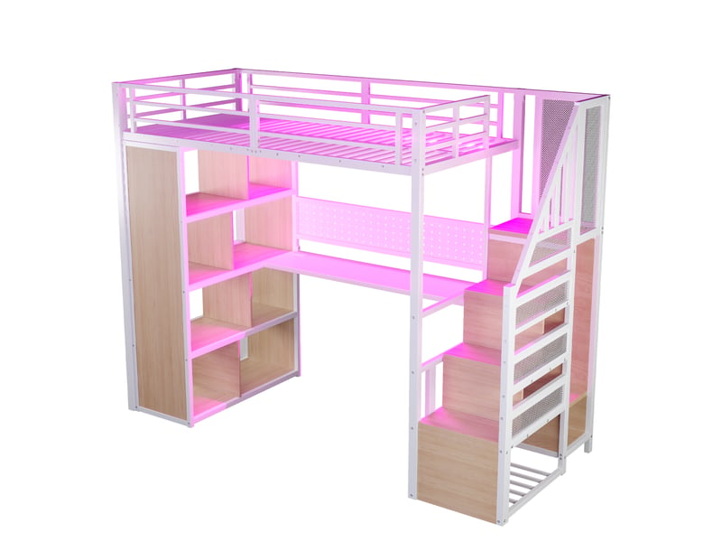  Lit mezzanine 90x200 cm blanc avec armoire, étagères, échelle, bureau équipé de prises norme européenne, panneau perforé et barre led, grand placard  - Conforama D