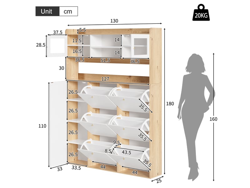  Meuble à chaussures étroit 130x25x85 cm avec porte battante et led, panneau de particules blanc  - Conforama C