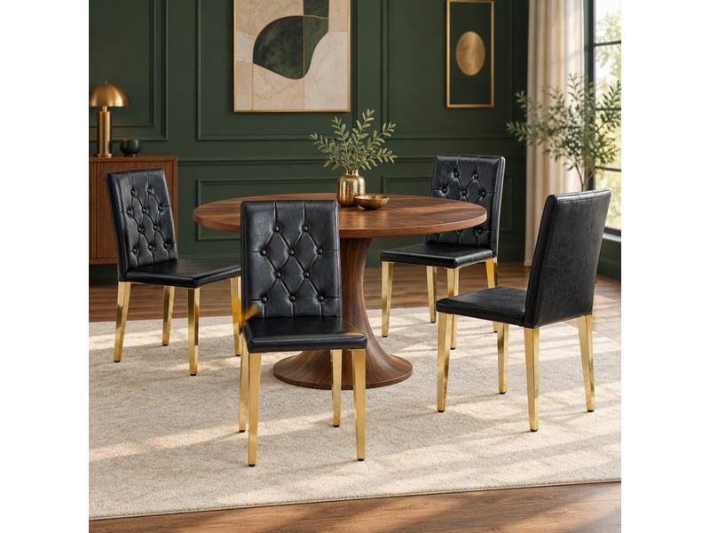  Lot de 4 chaises de salle à manger à dossier matelassé, métal doré et similicuir noir  - Conforama C