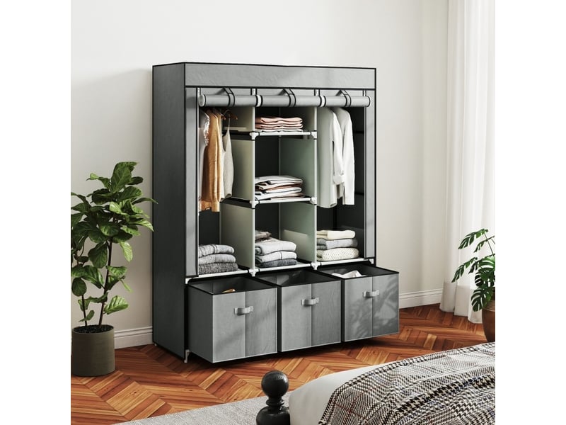  Armoire penderie en tissu 125 x 43 x 162,5 cm, 2 tringles et 3 tiroirs gris clair  - Conforama B