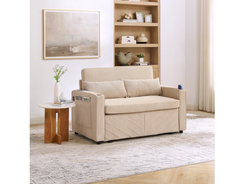  Canapé-lit ulevr 2 places convertible coulissant avec ports usb, 134 x 82 x 73 cm, bois et tissu beige  - Conforama D