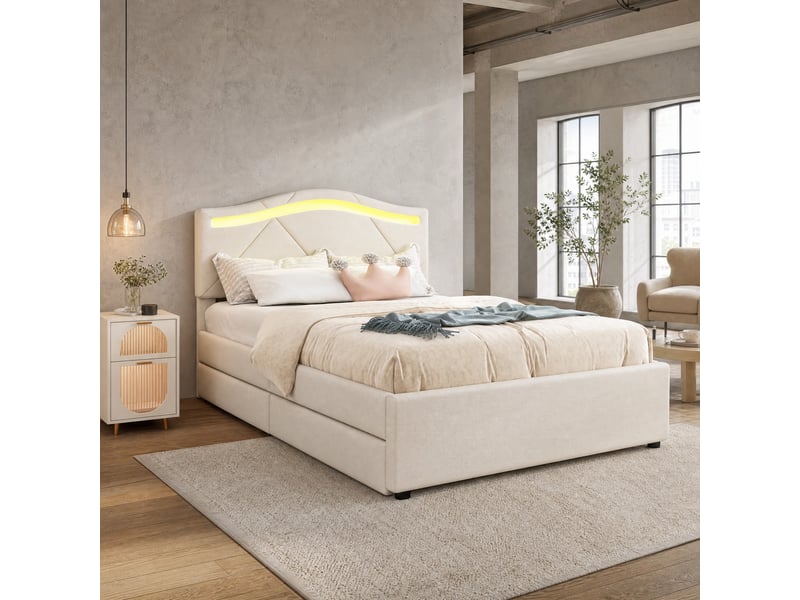 Lit avec rangement 90x200 cm en lin beige avec led, 2 tiroirs et tête de lit réglable - Conforama B