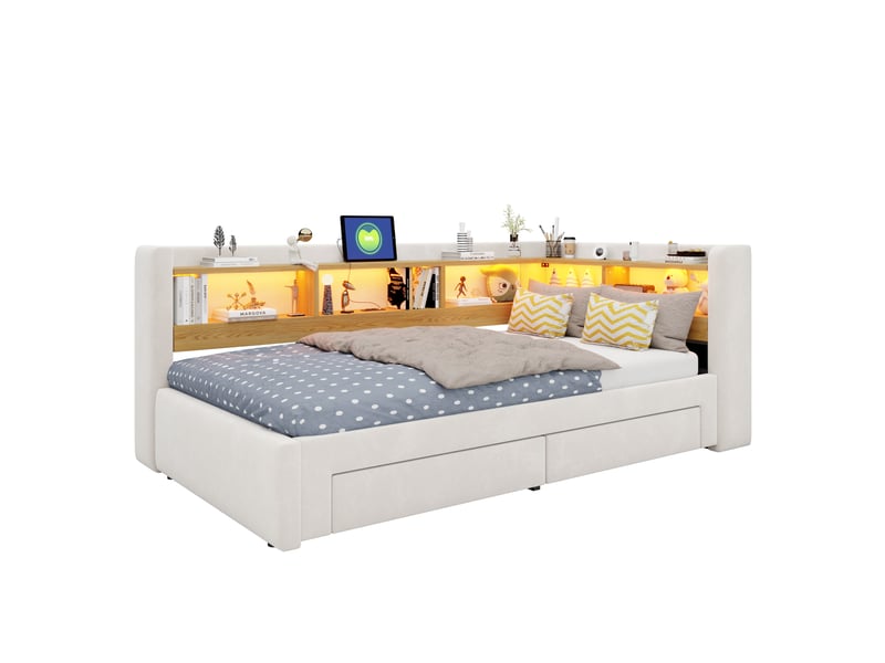Lit banquette 90 × 200 cm extensible 180 × 200 cm, tiroirs, led réglable et prise, sans matelas, beige - Conforama E
