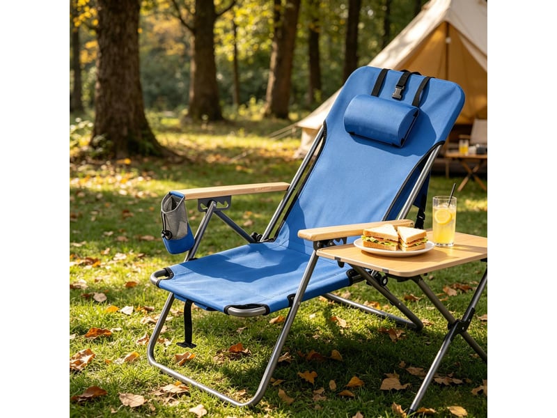  Fauteuil d'extérieur pliable  69 x 56 x 80 cm - dossier inclinable 4 positions ,coussin repose-tête - sièges en tissu oxford - cadre métallique - bleu  - Conforama D