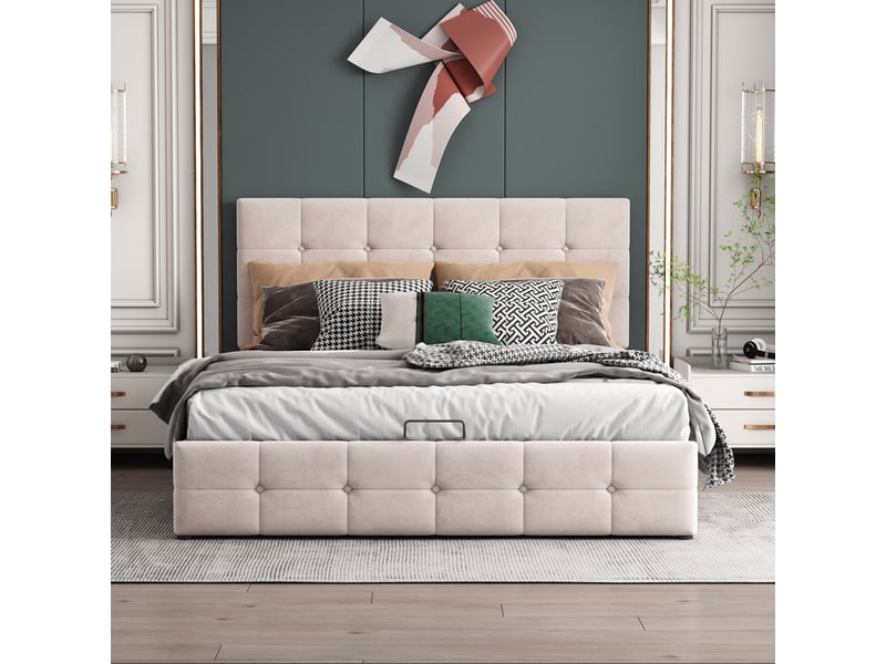  Lit capitonné 140*200 cm blanc crème, cadre hydraulique avec coffre, tête réglable et sommier en velours  - Conforama E