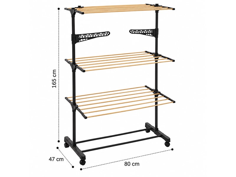 Étendoir à linge pliable modulable 3 niveaux effet bois avec 4 roulettes et support cintres-longueur 80 x profondeur 42 x hauteur 165 cm - Conforama C