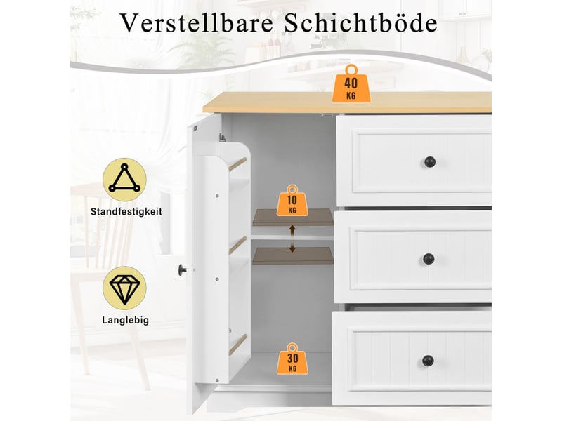 Buffet, avec 3 tiroirs et des portes de style réfrigérateur, meuble de rangement pour salle à manger, salon, blanc  - Conforama E