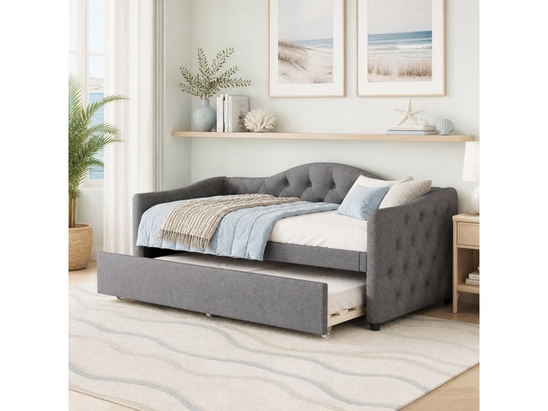  Lit gigogne 90x200 cm avec lit d'appoint 90x190 cm en lin gris  - Conforama D