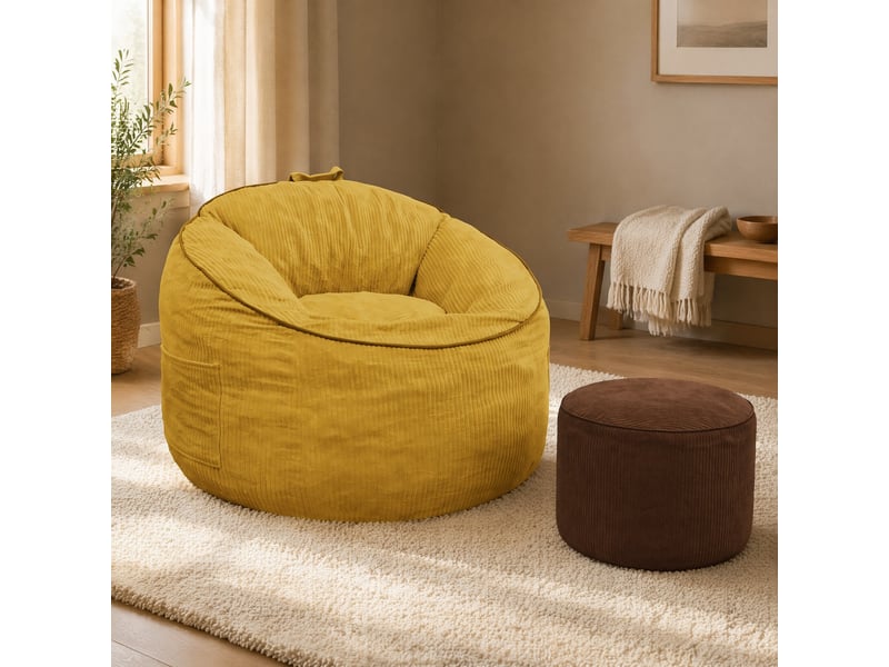  Fauteuil poire modenvie avec poche de rangement et repose-pieds cylindrique assorti jaune et marron en flanellette 103 x 95 x 80 cm  - Conforama B