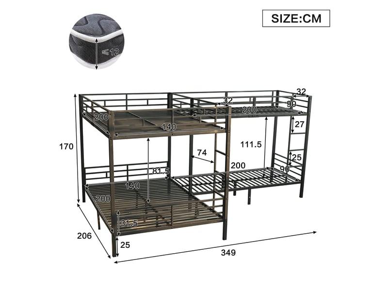  Lit superposé enfant 90x200 et 140x200 cm – noir – 4 couchages avec échelle 3 marches, sans matelas  - Conforama C