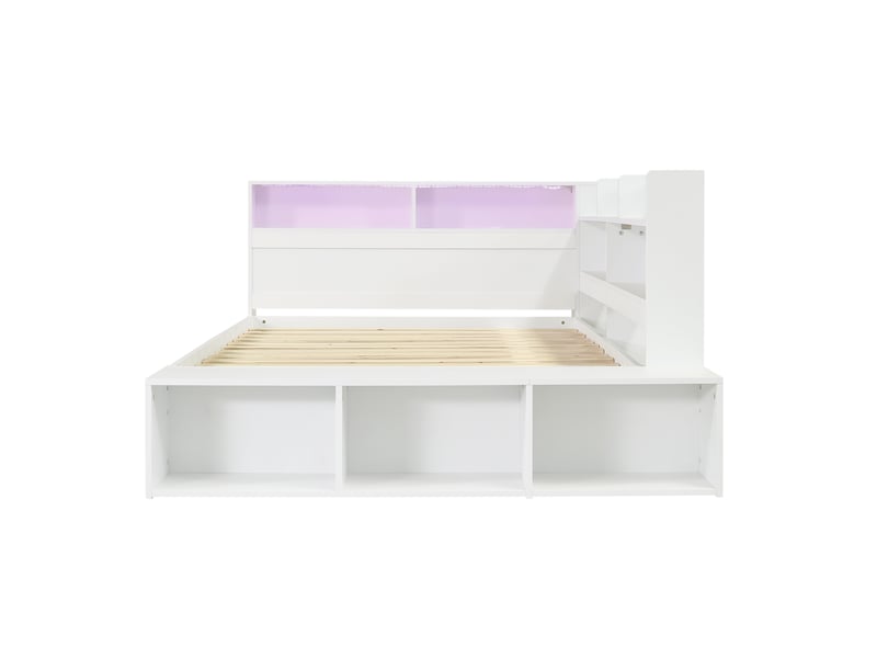  Lit 120x200 cm blanc avec lit gigogne 90x190, rangements, banc, led et prises  - Conforama E