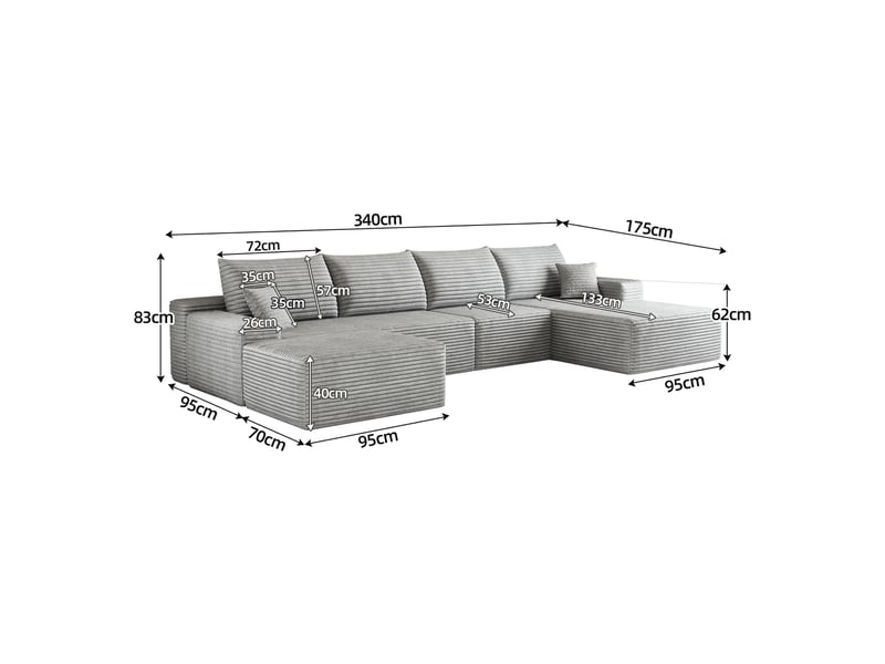 Canapé d'angle avec méridienne, modulable 5 places, assise profonde, 340 cm, gris  - Conforama E
