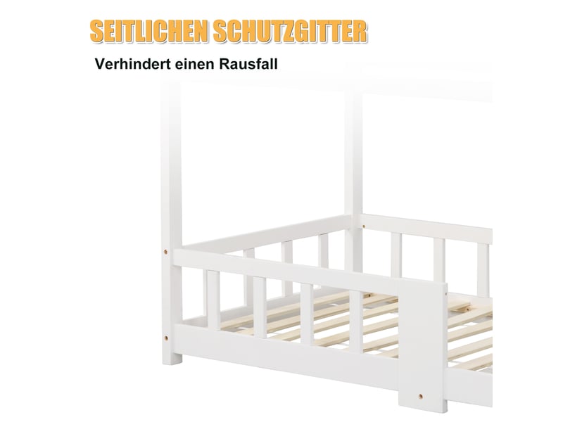 Lit cabane enfant 90x200cm avec tableau noir, sommier à lattes, ludique, pin, blanc, sans matelas - Conforama E
