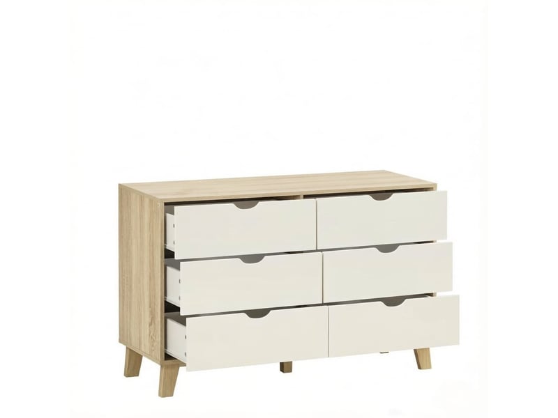  Commode à 6 tiroirs, 120 x 40 x 76 cm, poignées découpées et pieds en pin, blanc et effet chêne  - Conforama E