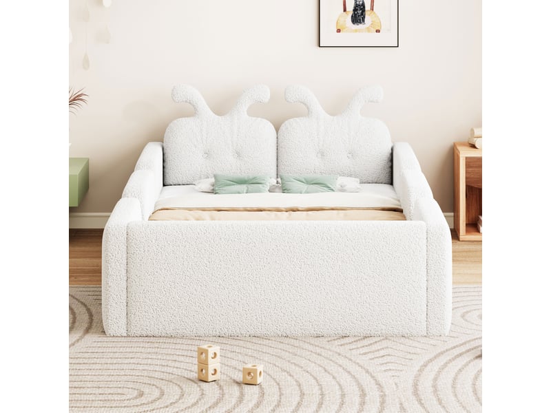  Lit enfant rembourré 90x200cm avec tête de lit oreilles de lapin, barrières de sécurité et cadre capitonné, mdf et contreplaqué - blanc  - Conforama E