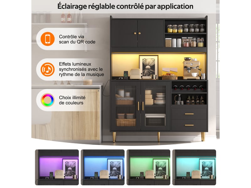  Meuble de cuisine 130 x 40 x 172 cm muvano, noir avec éclairage led et prises intégrées  - Conforama D