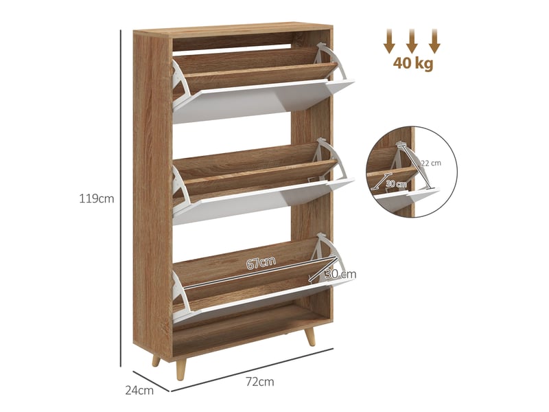 Meuble à chaussures 3 abattants avec étagère réglable, 72l x 24p x 119h cm, naturel et blanc - Conforama D