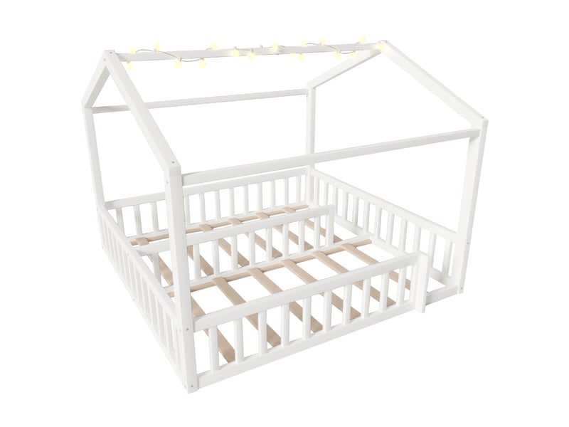  Lit cabane enfant 90x190×2180x190 cm en pin blanc, barrières, led, avec toit, sans matelas  - Conforama D
