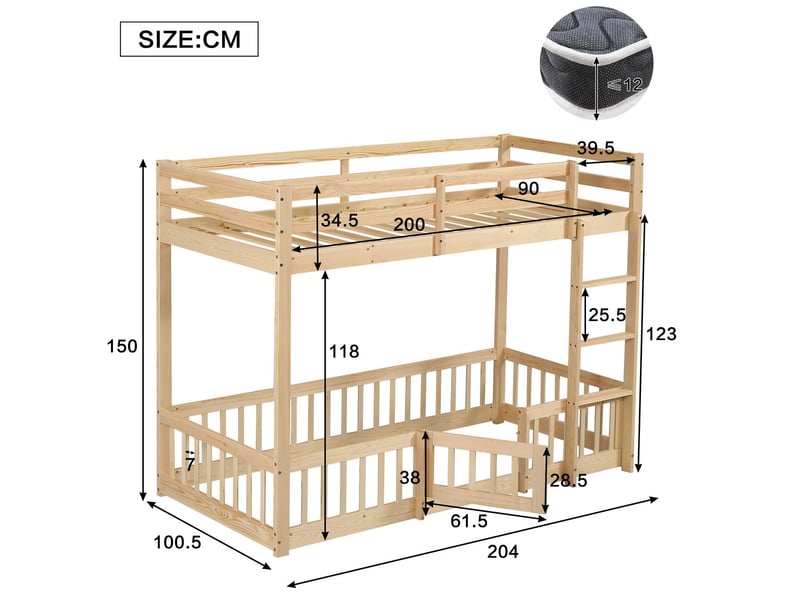  Lit superposé enfant 90x200, sécurisé lit cabane, bois massif, espace jeux sous le lit  - Conforama C