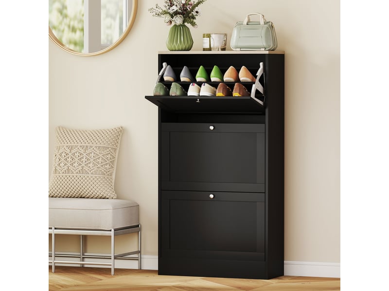  Meuble à chaussures moderne avec 3 tiroirs abattants et étagères réglables pour 18 paires de chaussures 60x23,5x115 cm noir  - Conforama B