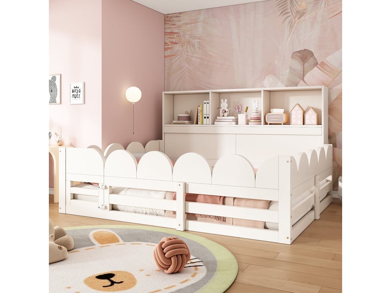 Lit au sol enfant 140x190 blanc en bois avec barrière et porte  - Conforama W