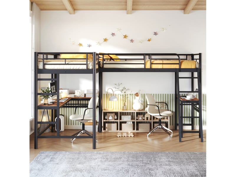  Lit mezzanine 90 × 200 cm 1 place avec bureau et échelle double, garde-corps haut, sans matelas, métal noir  - Conforama C