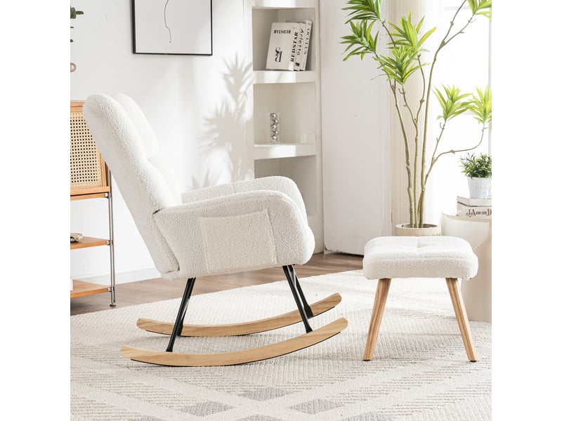  Fauteuil à bascule avec pouf, assise rembourrée et patins en feutre, bois d'hévéa, tissu bouclette blanc, 92 cm  - Conforama B