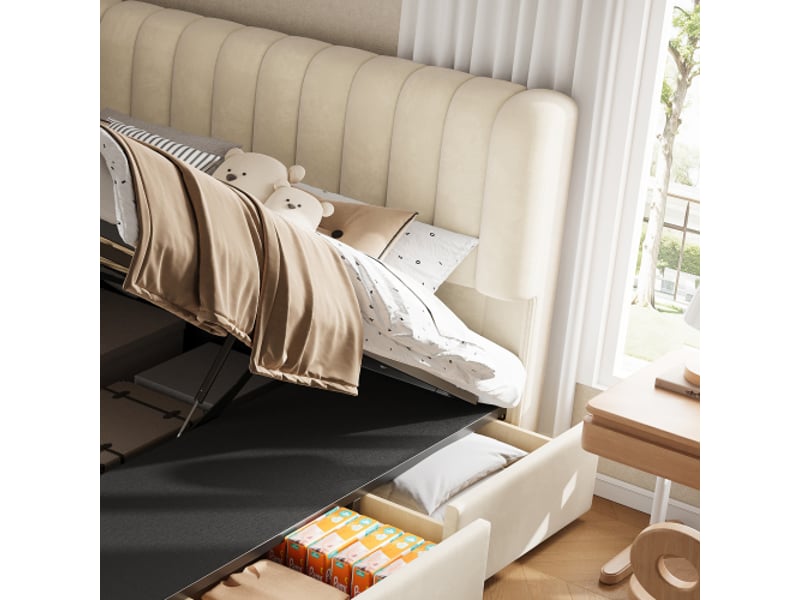  Lit coffre enfant 140x200 capitonné avec vérin à gaz – grand rangement – 3 tiroirs – led – velours beige  - Conforama E