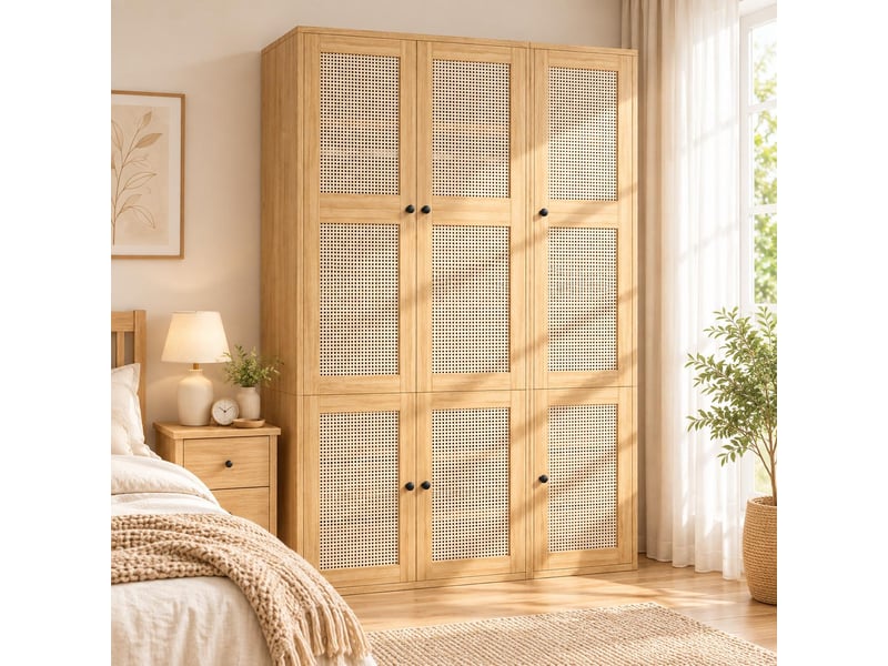 Armoire chambre 135x47x200 cm, penderie avec portes en rotin tressé et tiroirs, en mdf de style bohème chic, avec 6 tiroirs et 2 tringles, bois - Conforama B