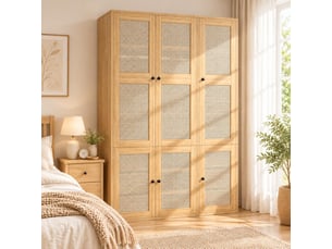 Armoire chambre 135x47x200 cm, penderie avec portes en rotin tressé et tiroirs, en mdf de style bohème chic, avec 6 tiroirs et 2 tringles, bois