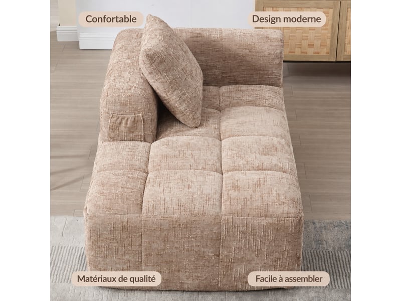 Canapé méridienne une place en chenille avec coussin et poches latérales, 158 x 90 x 60 cm, kaki  - Conforama B